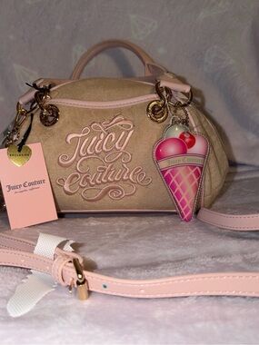 Juicy Couture Beige and Pink Embroidered Logo Dome Satchel with Ice Cream Charm